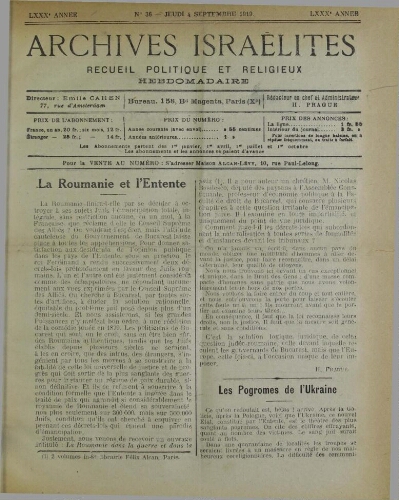 Archives israélites de France. Vol.80 N°36 (04 sept. 1919)